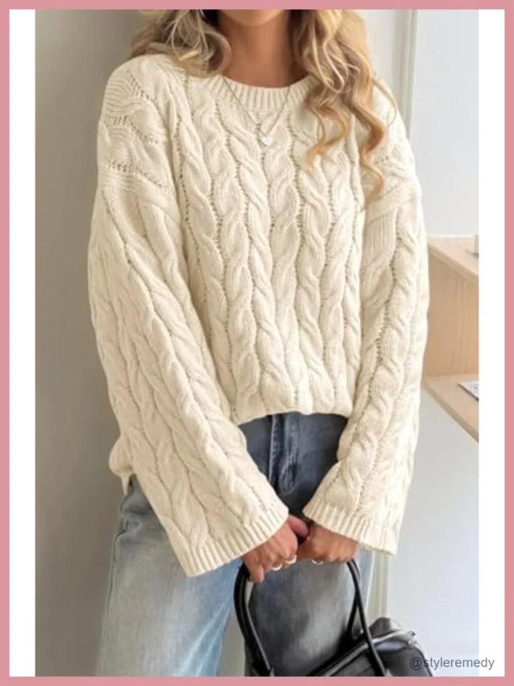 Oversized Cable Knit Sweater Women Long Sleeve Chunky Pullover Crew Neck Fall